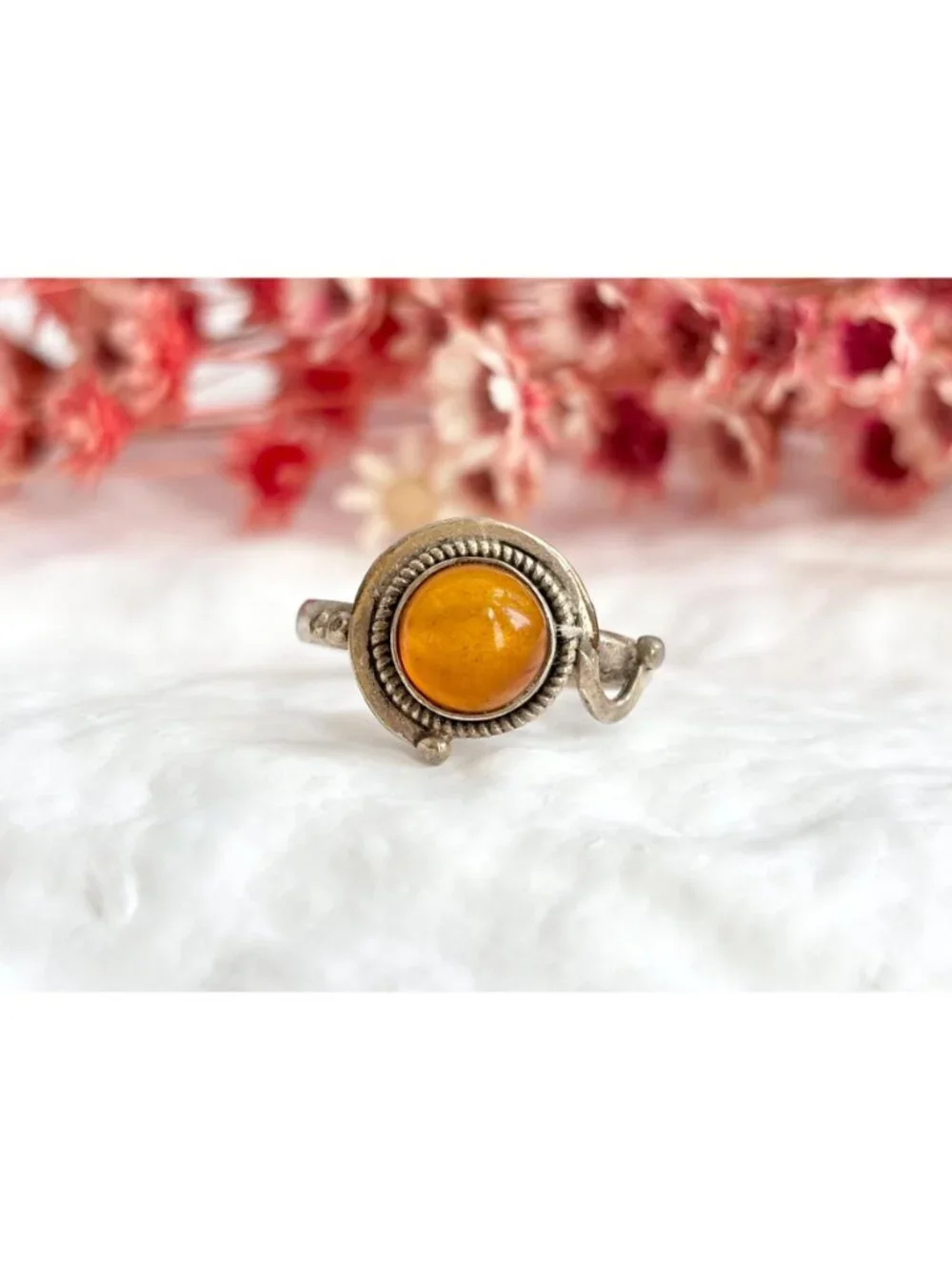 Balinese Inspired Butterscotch Amber Sterling Silver 925 Vintage Ring - sz 7